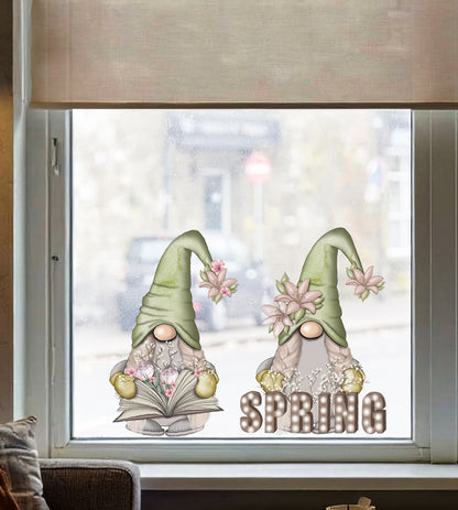 Hello Spring Green Gnome Window Decal Set