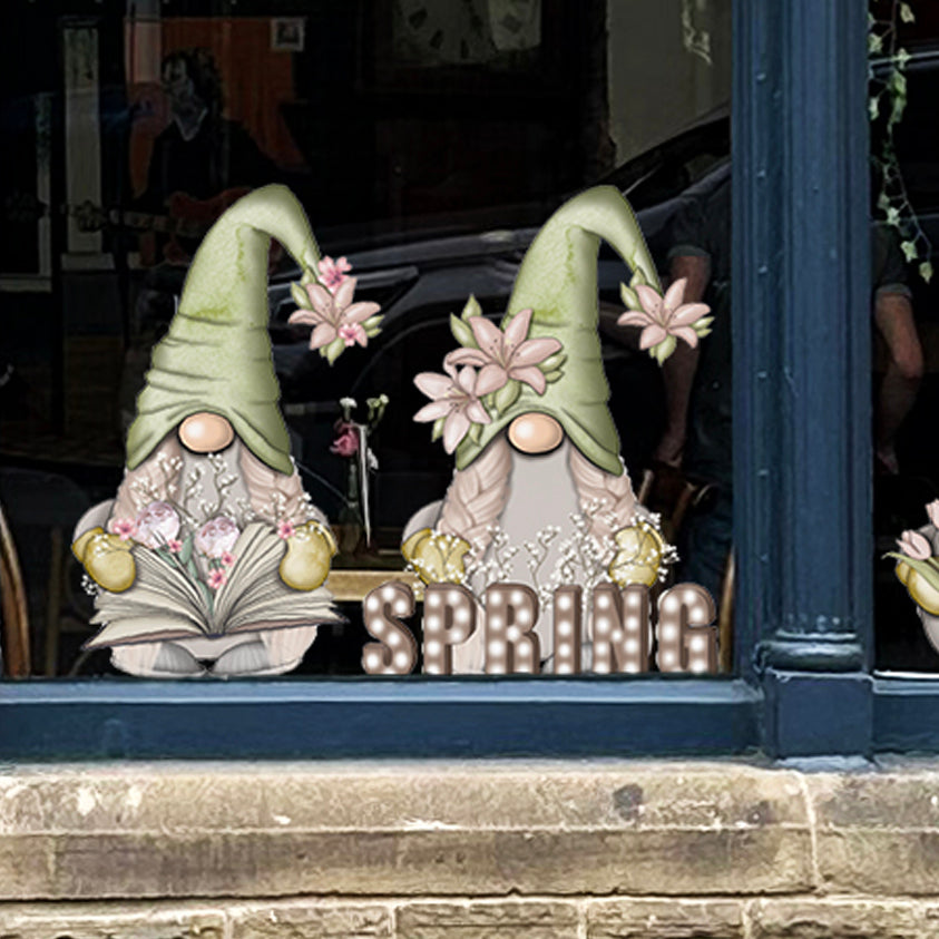 Hello Spring Green Gnome Window Decal Set