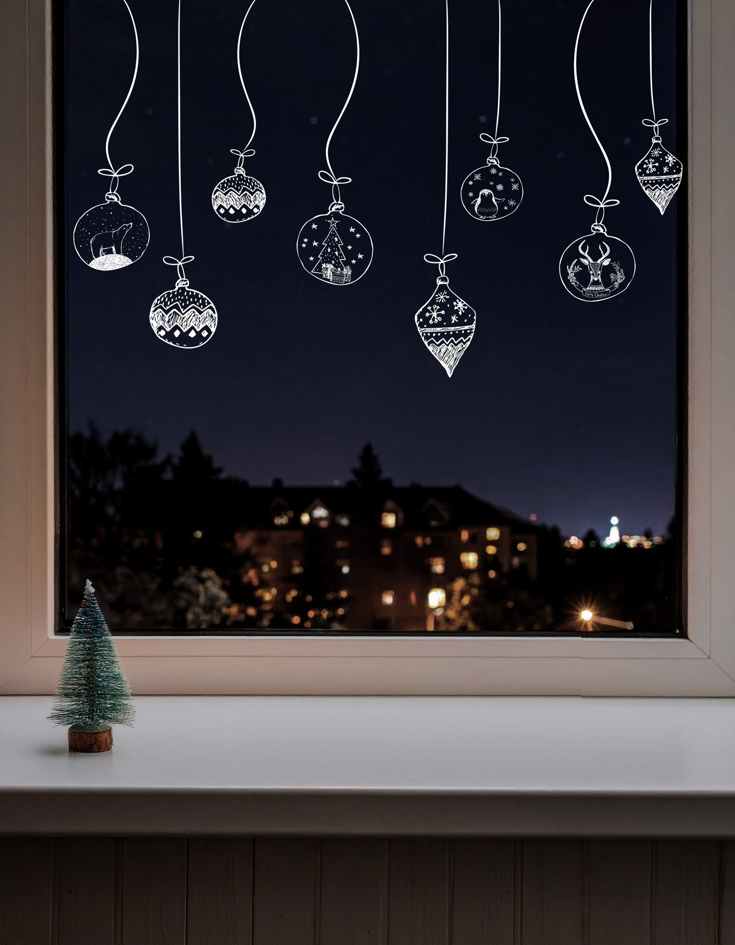 White Hand Drawn Baubles Window Decals