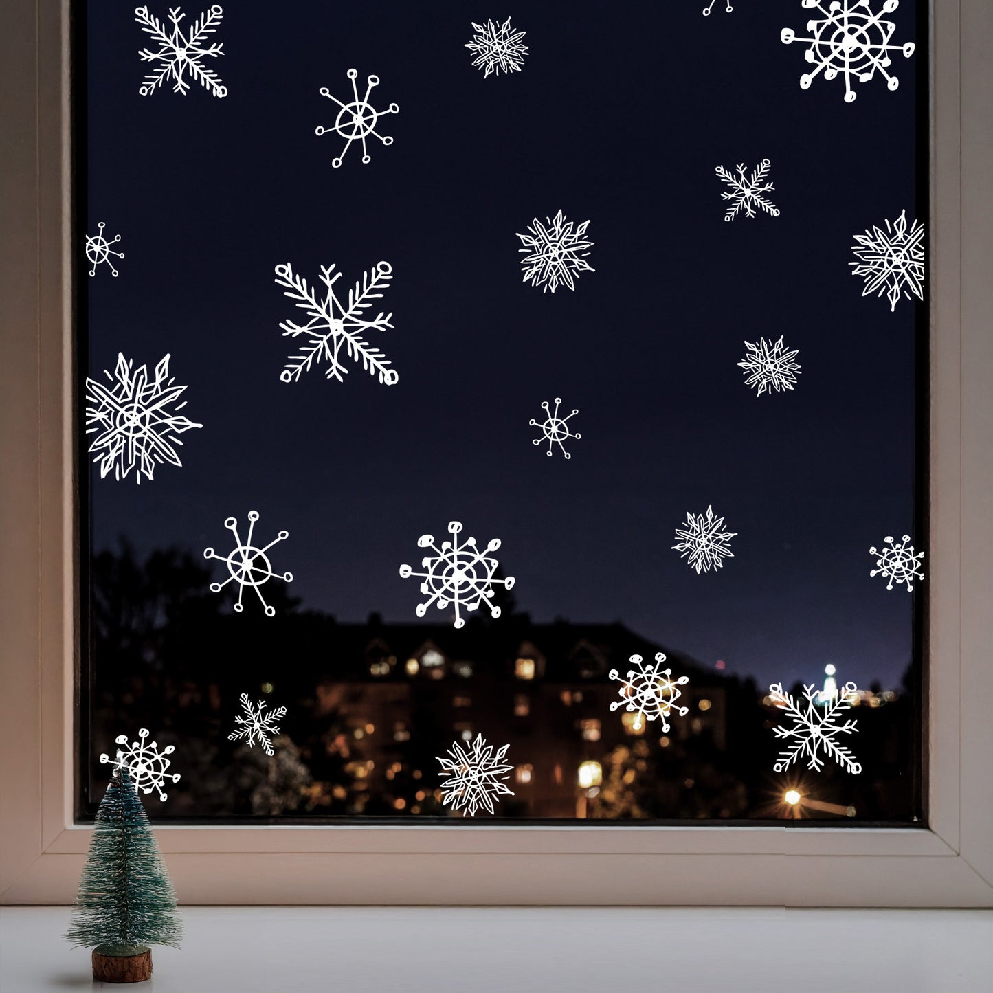 20 White Hand Drawn Snowflakes Window Decals
