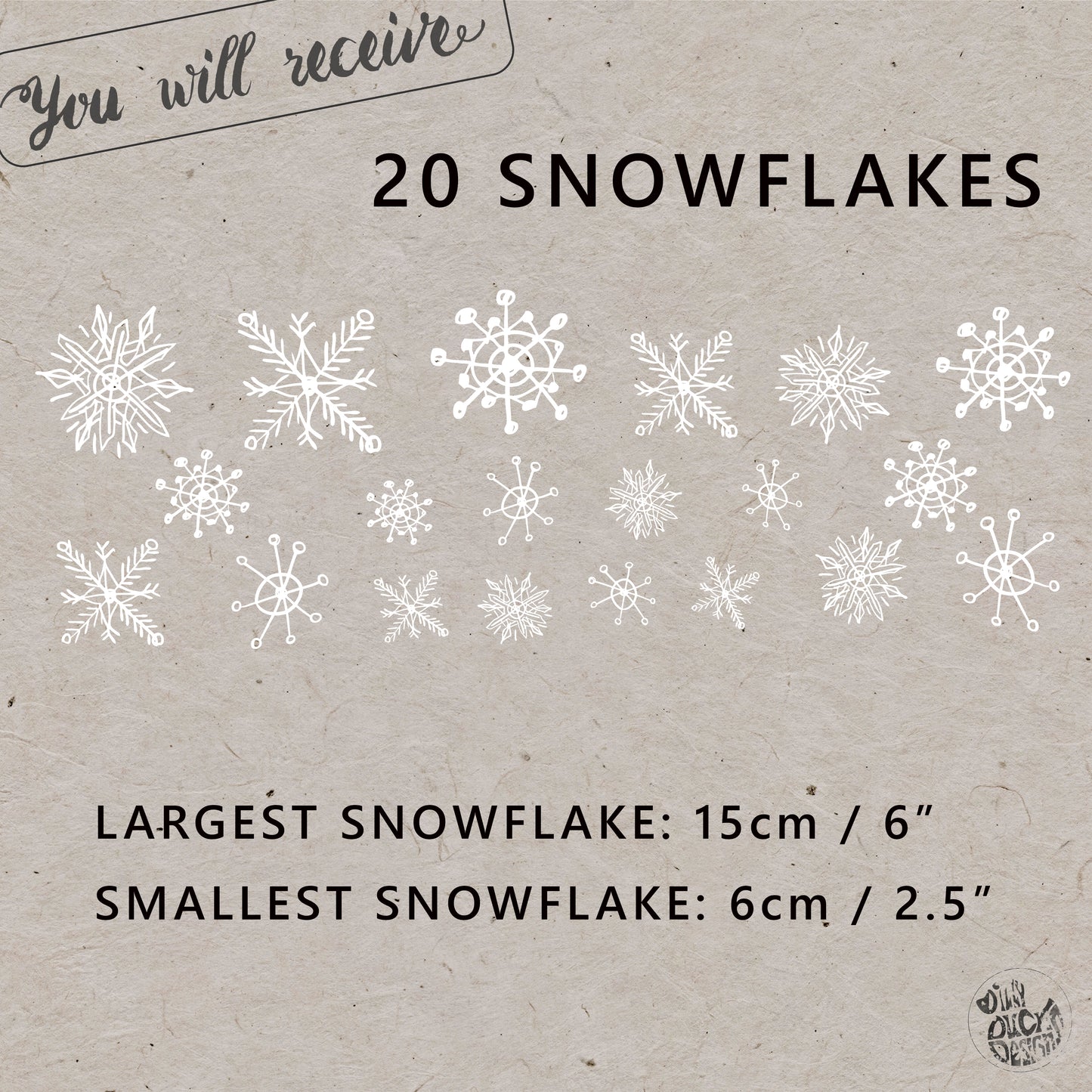 20 White Hand Drawn Snowflakes Window Decals