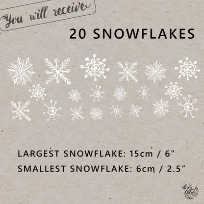 20 White Hand Drawn Snowflakes Window Decals