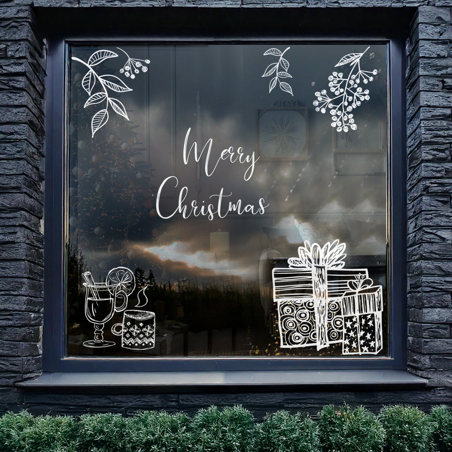 White Hand Drawn Merry Christmas Window Decal Set
