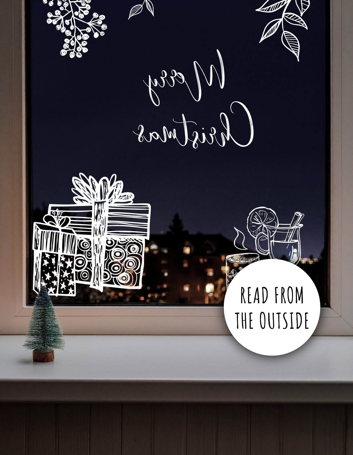 White Hand Drawn Merry Christmas Window Decal Set