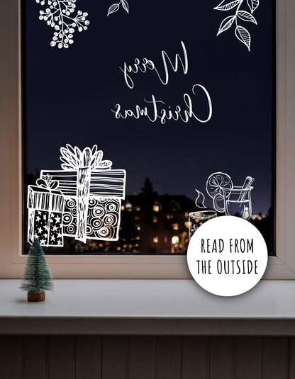 White Hand Drawn Merry Christmas Window Decal Set