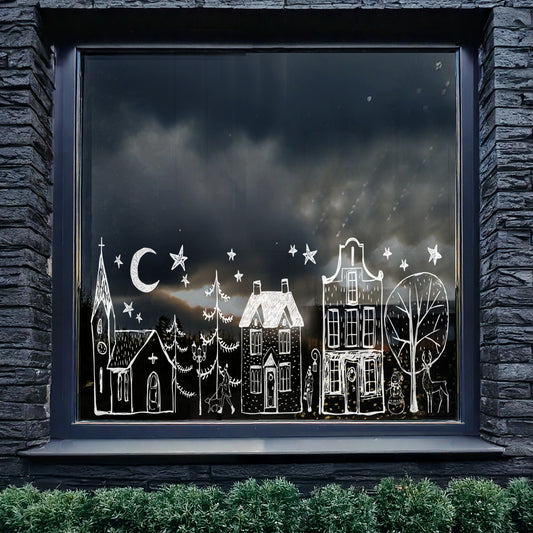 White Hand Drawn Christmas Village Window Decal Set