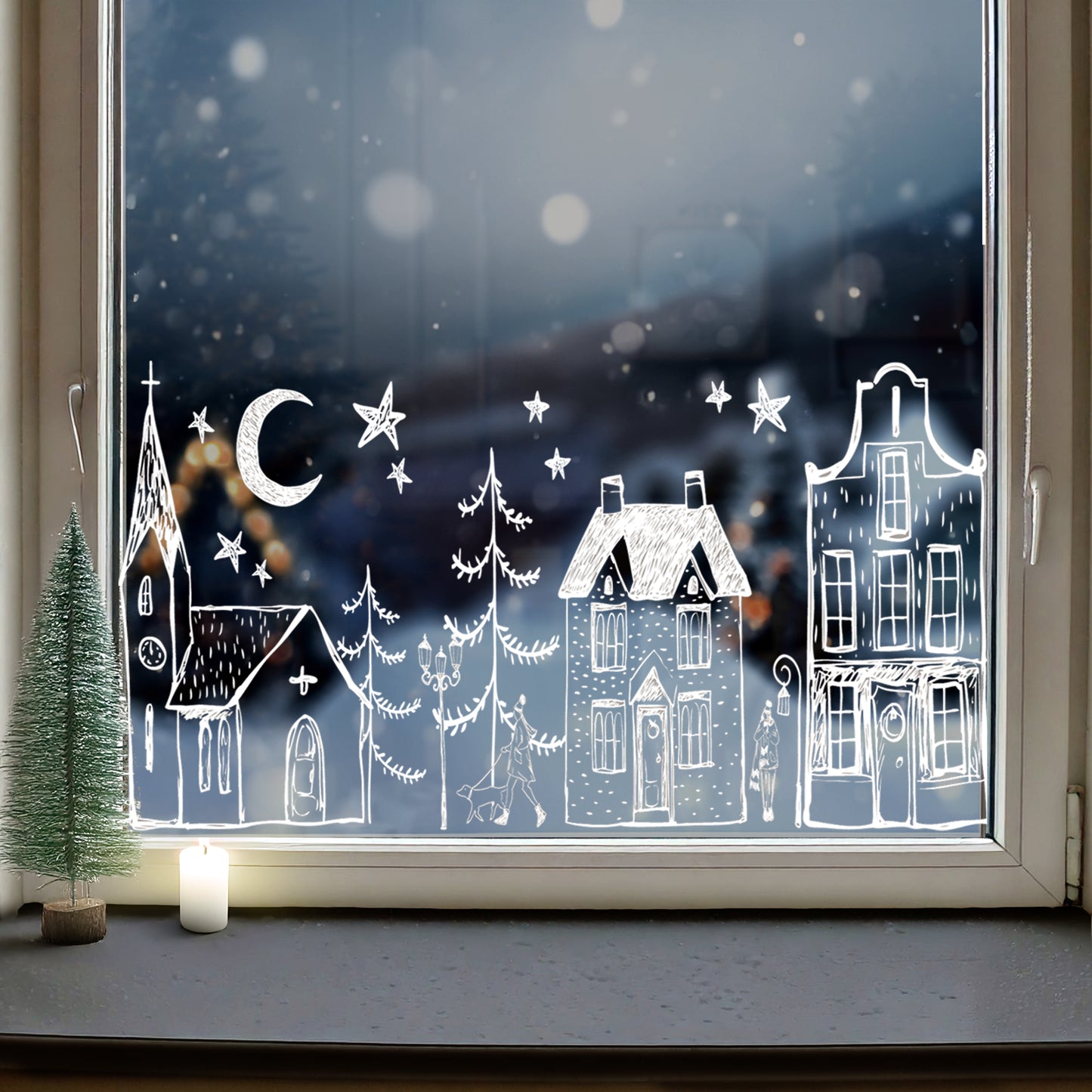 White Hand Drawn Christmas Village Window Decal Set