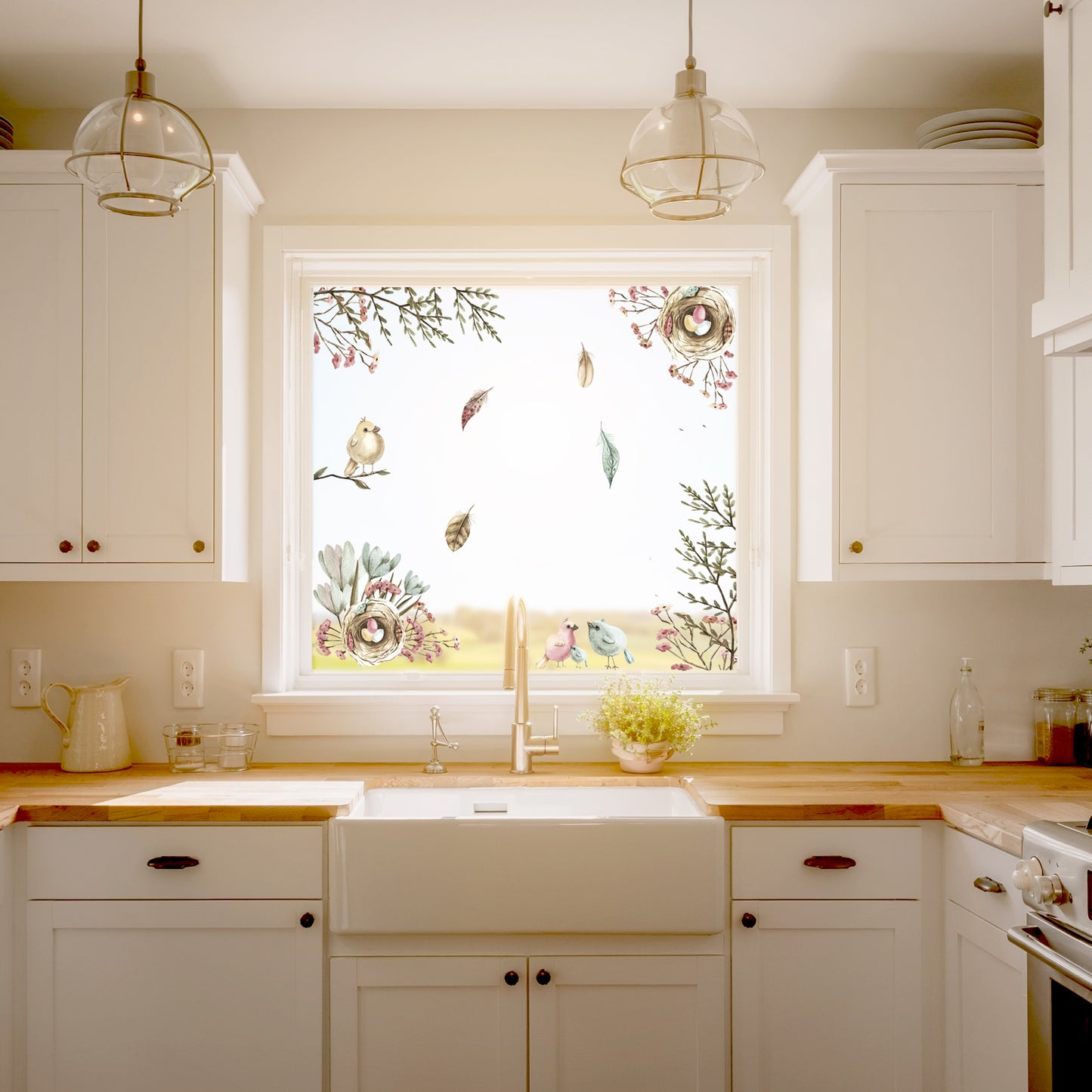 Pastel Flower Bird Spring Window Decal Set