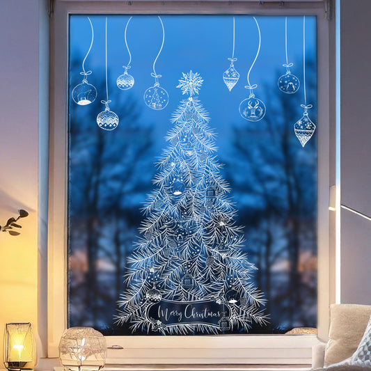 White Hand Drawn Christmas Tree & Bauble Window Clings