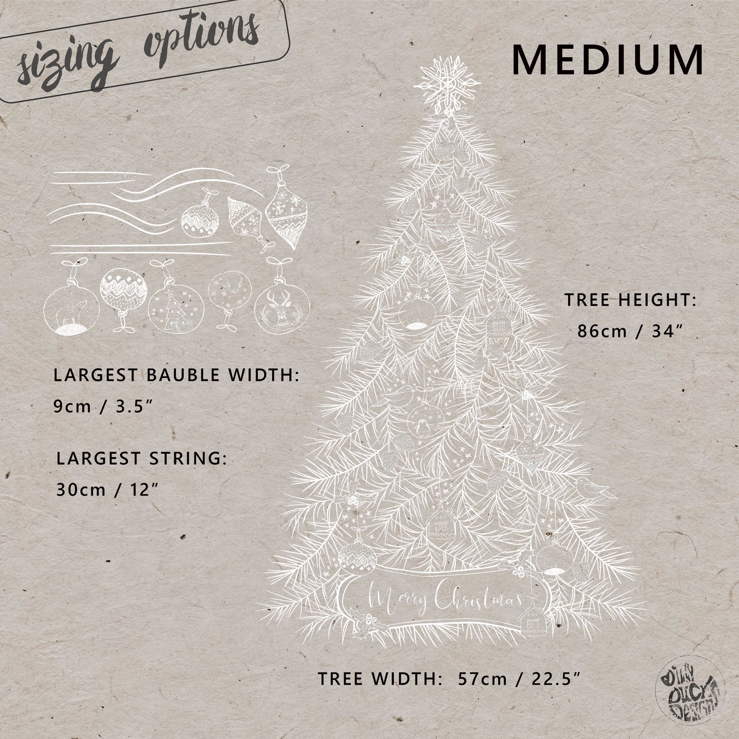 White Hand Drawn Christmas Tree & Bauble Window Clings