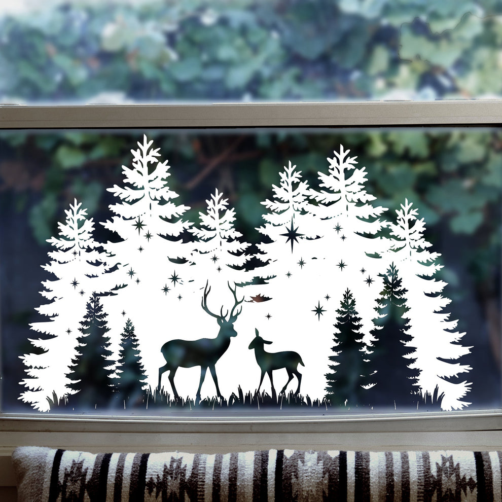 Christmas Trees & Stag Window Decal - White – Dizzy Duck Designs