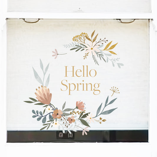 Hello Spring Orange Flower Wreath Window Decal