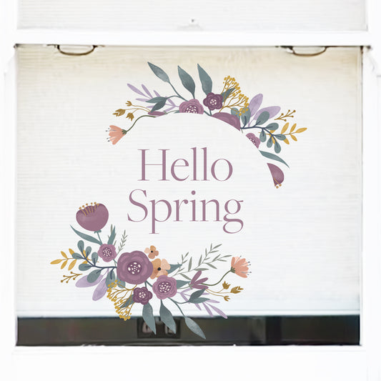 Hello Spring Purple Flower Wreath Window Decal