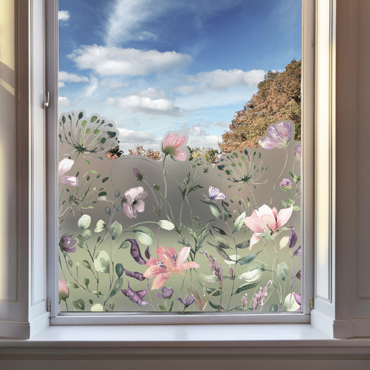 Pink Purple Summer Flowers Frost Window Privacy Film Border