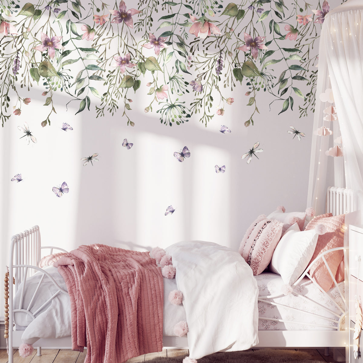 Pink Summer Flowers Wall Decal Border Top