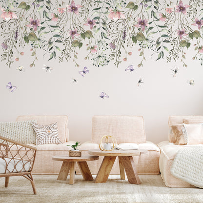 Pink Purple Summer Flowers Wall Decal Border - Top