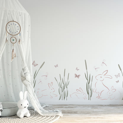 Bunny Rabbit Meadow Border Wall Stencil