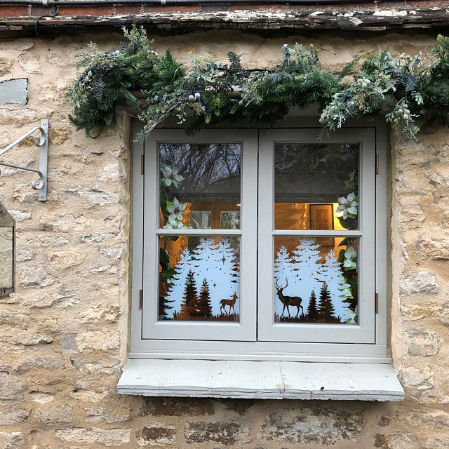 Christmas Trees & Stag Window Decal - White