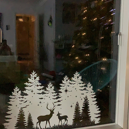 Christmas Trees & Stag Window Decal - White
