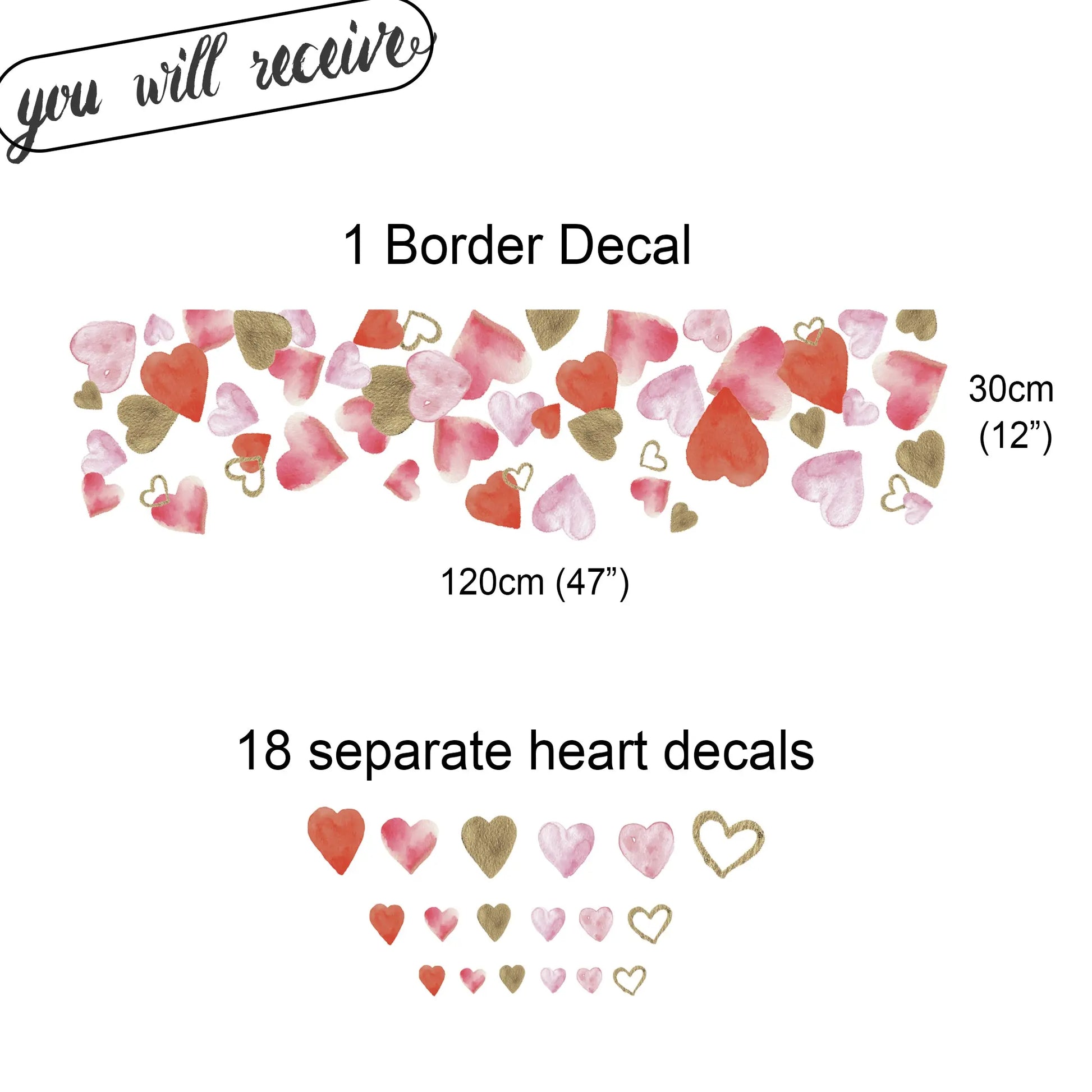 Window Decal Gold Red Pink Watercolour Hearts Valentine Window Decal Border Dizzy Duck Designs