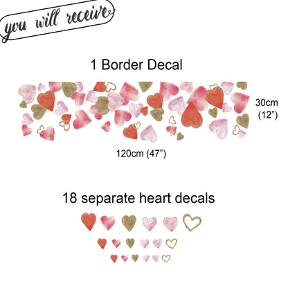 Window Decal Gold Red Pink Watercolour Hearts Valentine Window Decal Border Dizzy Duck Designs