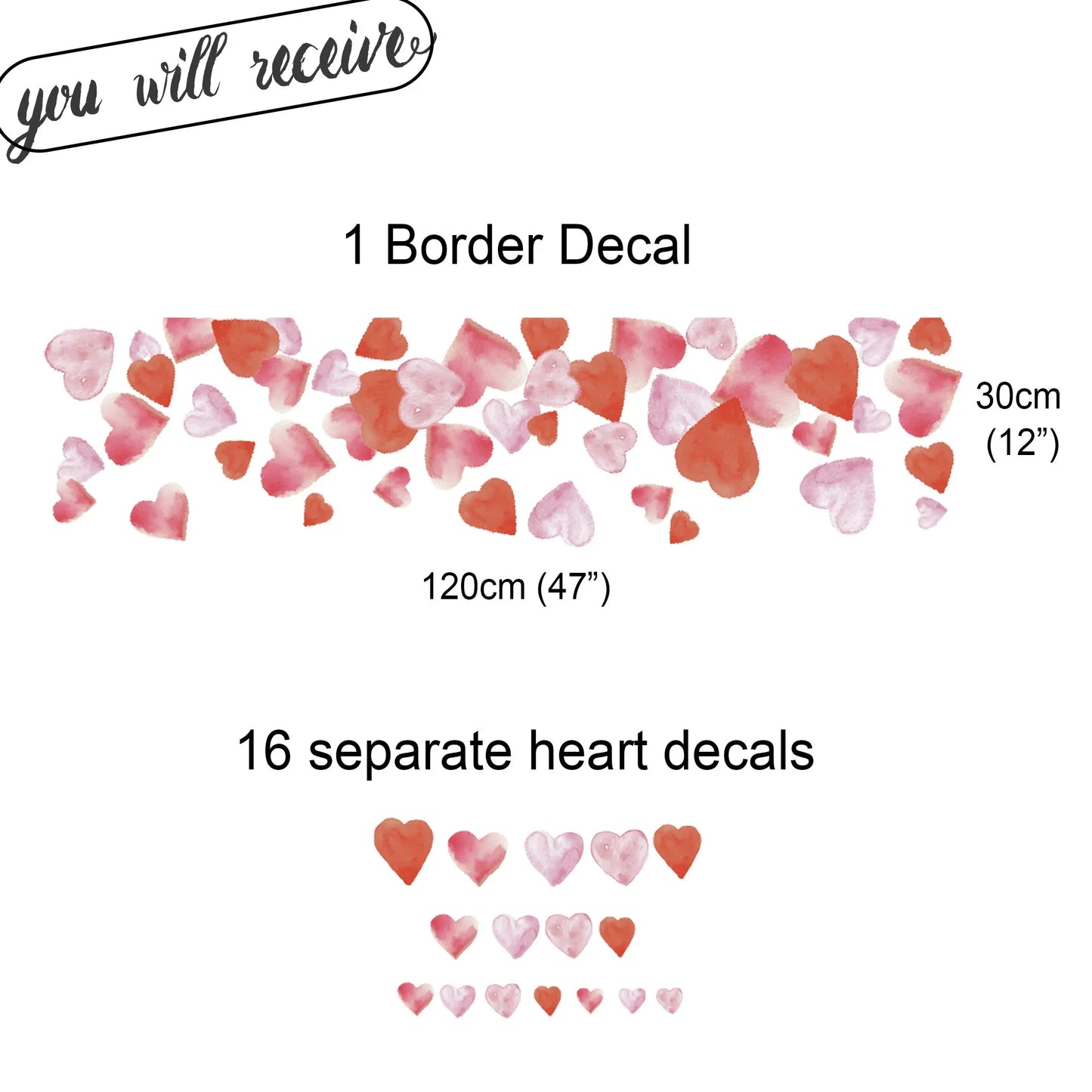Red Pink Watercolour Hearts Valentine Window Decal Border Dizzy Duck Designs