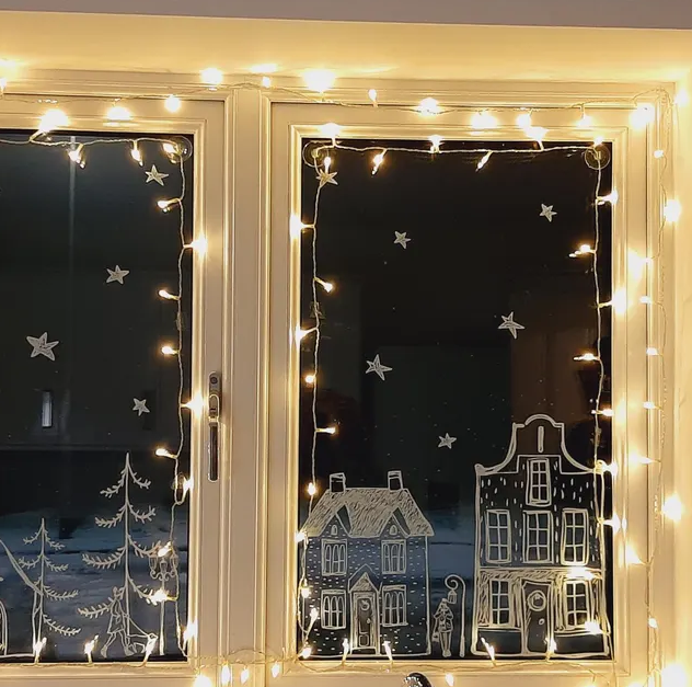 White Hand Drawn Christmas Village Window Decal Set