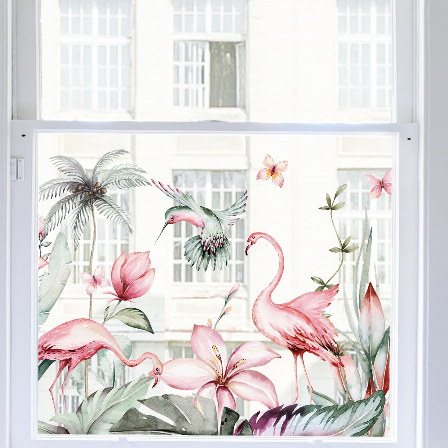 Window Decal Tropical Flamingo Clear Border Privacy Window Decal Dizzy Duck Designs