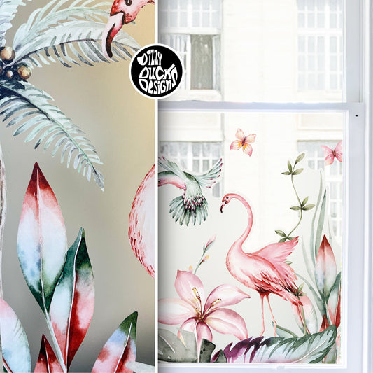 Window Decal Tropical Flamingo Frosted Privacy Border Window Decal Dizzy Duck Designs