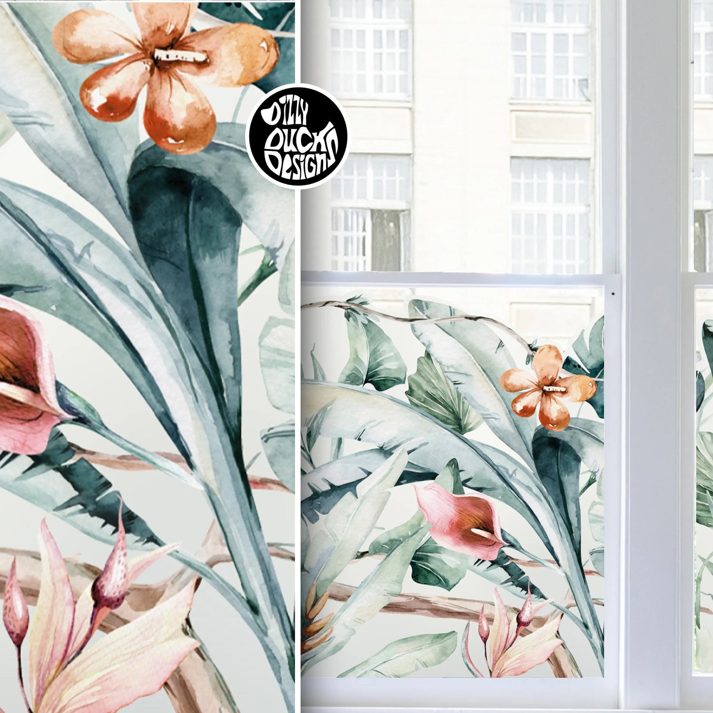 Privacy Window Tropical Leaves Frosted Window Decal Border Dizzy Duck Designs