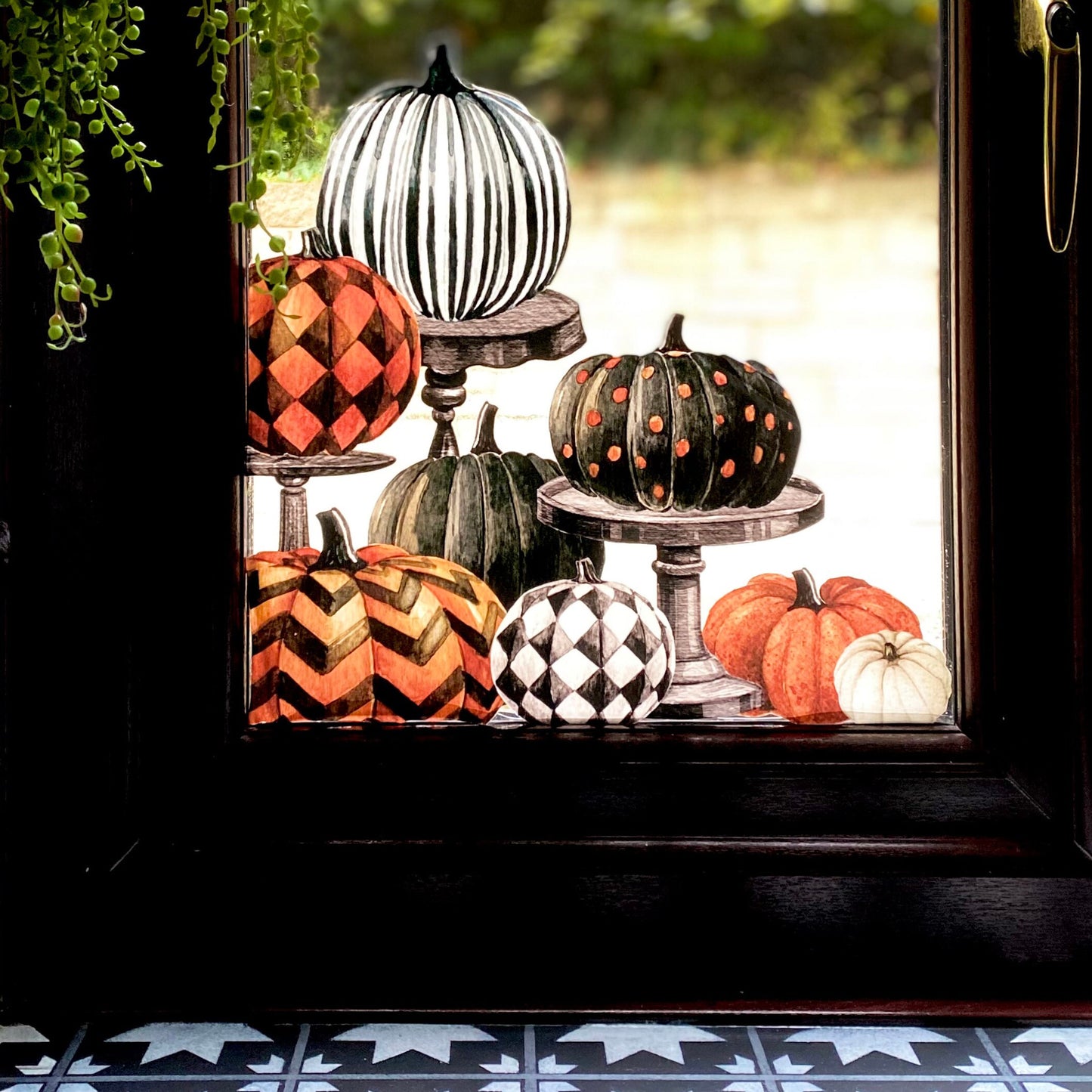 2pk Halloween Pumpkins on Pedestals Window Decal Corners