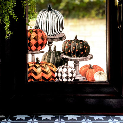 2pk Halloween Pumpkins on Pedestals Window Decal Corners