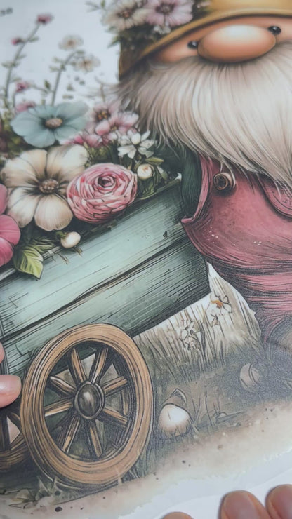 Spring Gnome with Flowers in Wheelbarrow Window Decal