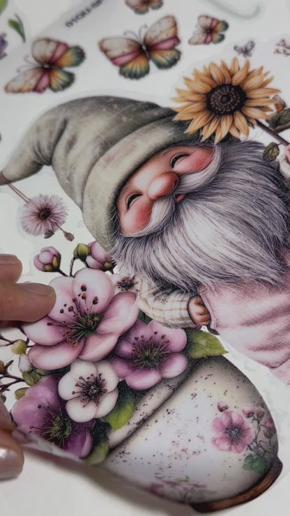 Hello Spring Gnome with Flowers Window Decal Set