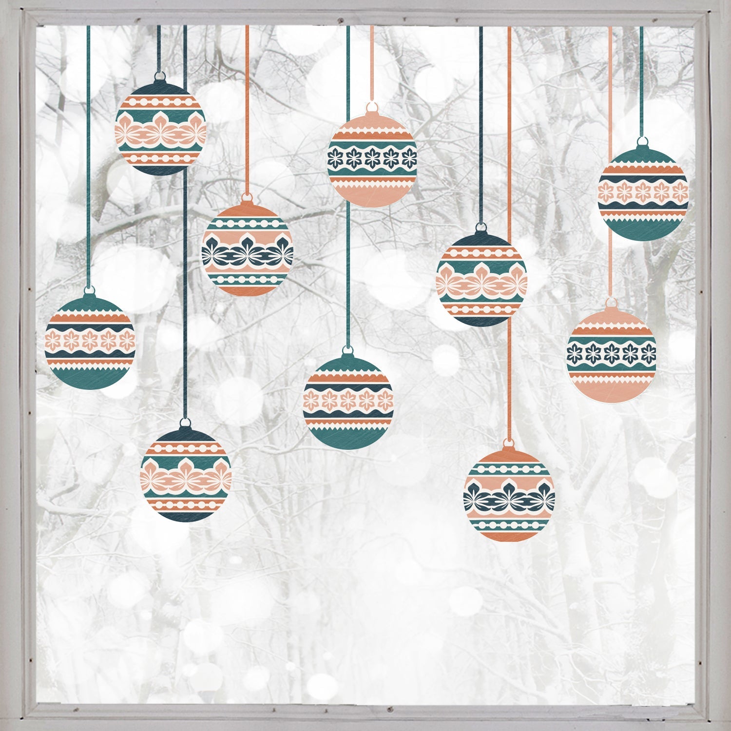 10 Nordic Christmas Bauble Window Decals - Blue/Orange - Dizzy Duck Designs