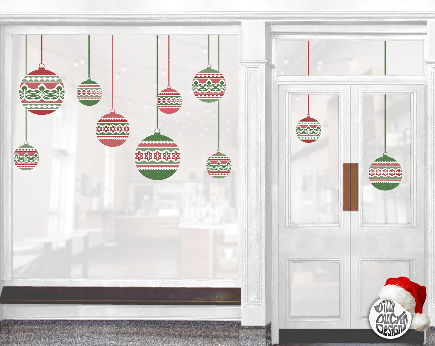 Decal 10 Nordic Christmas Bauble Shop Window Decals - Red/Green Dizzy Duck Designs