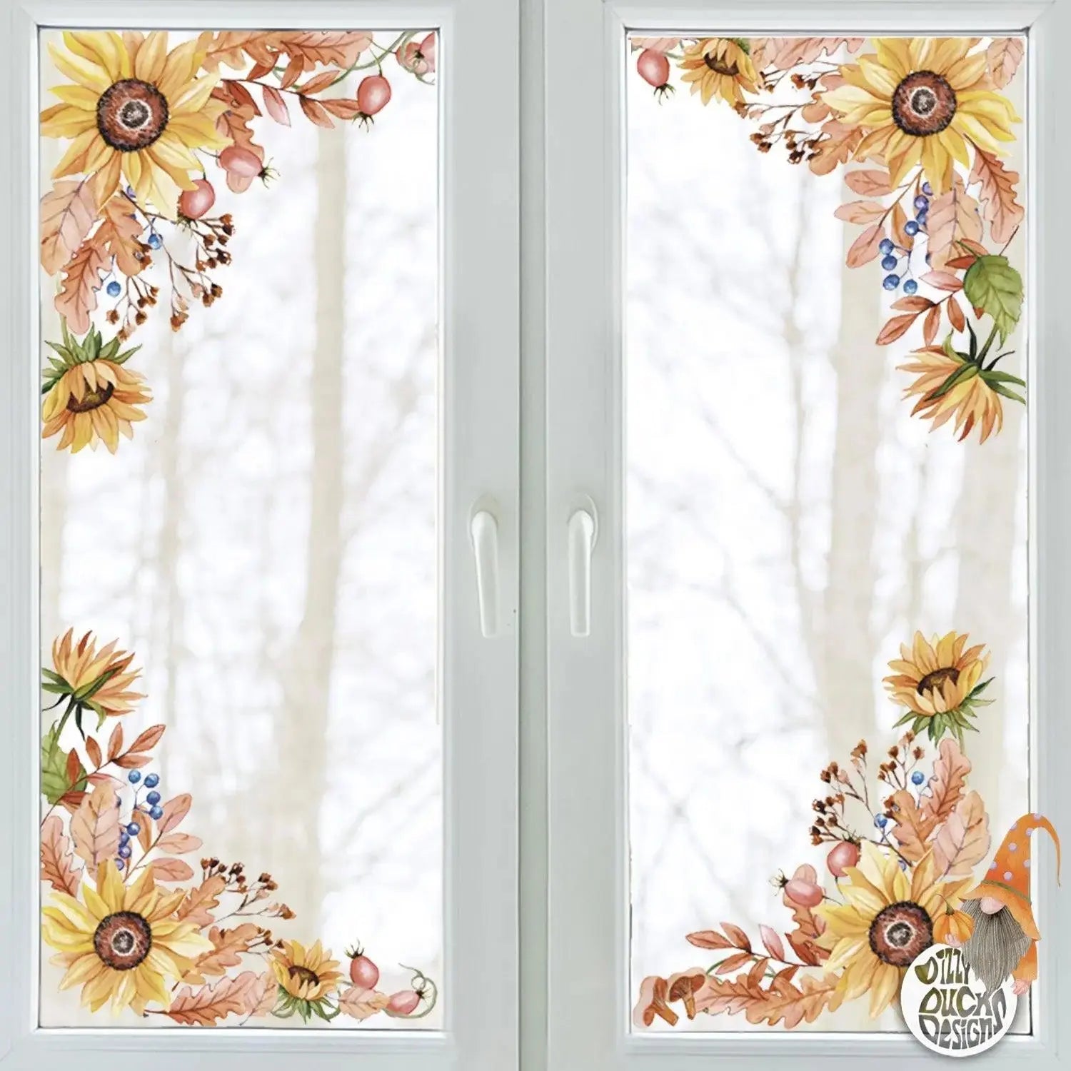 Decal 2pk Autumn Sunflower Window Decal corners Dizzy Duck Designs