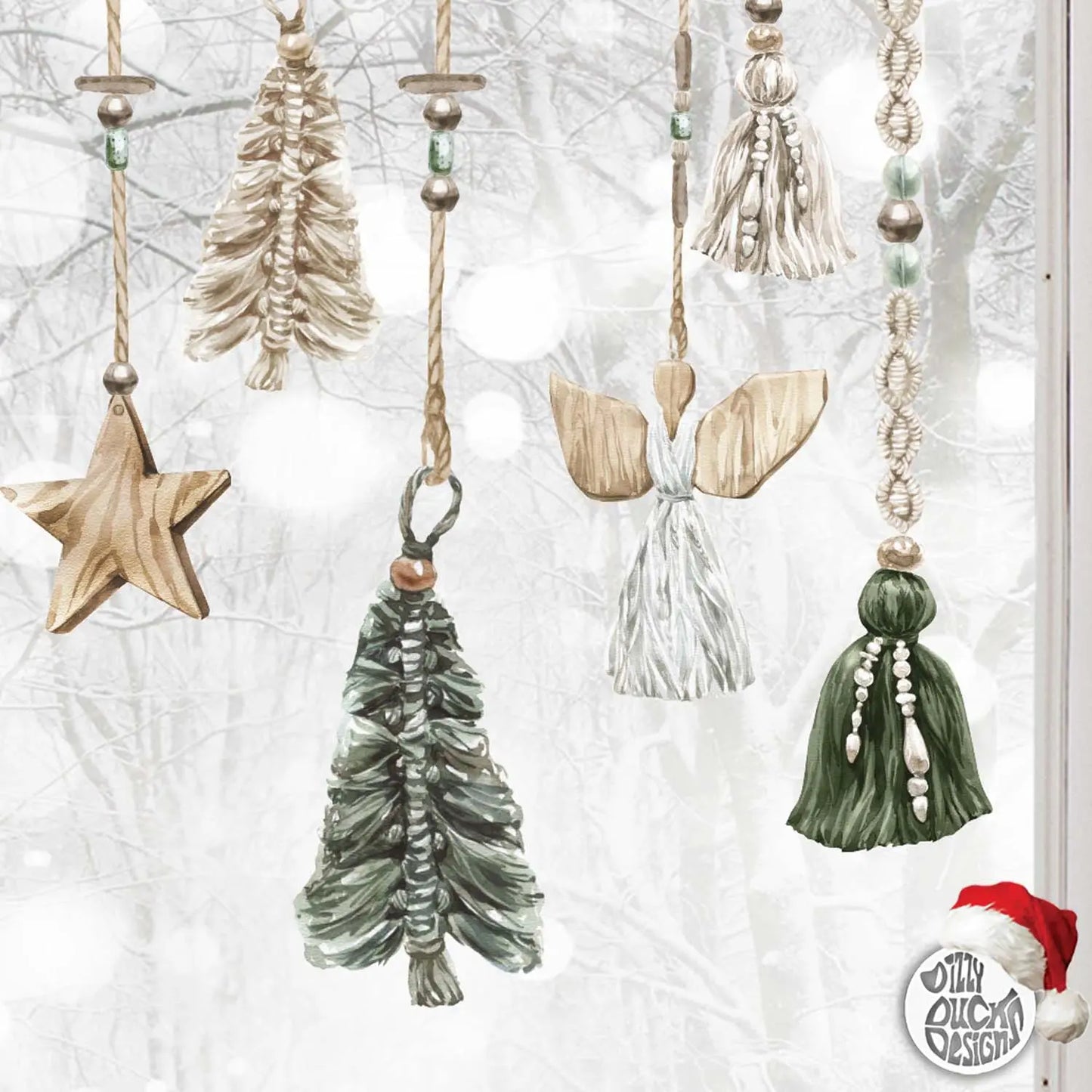 Decal Boho Christmas Baubles Window Decals - Green Macrame Dizzy Duck Designs