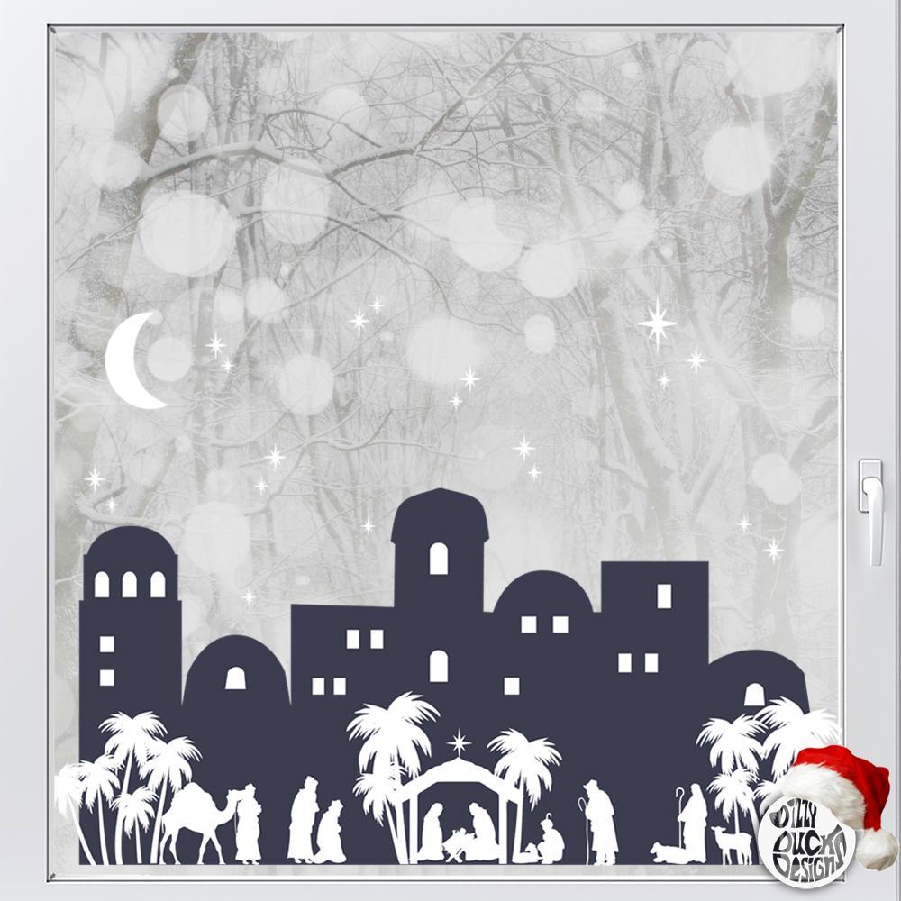 Christmas Nativity Village Window Decal - Blue