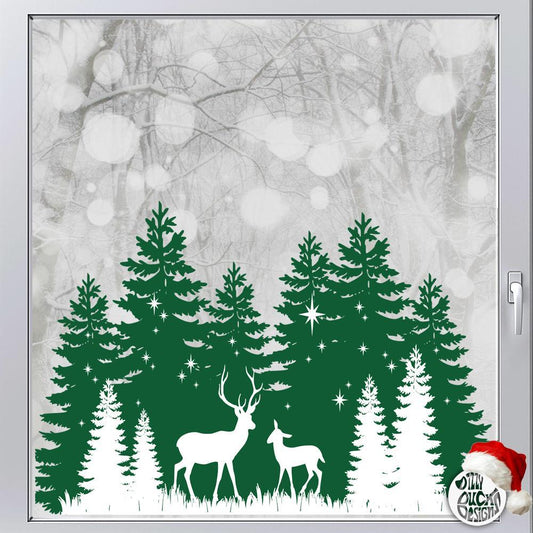 Decal Christmas Trees & Stag Window Decal - Green Dizzy Duck Designs