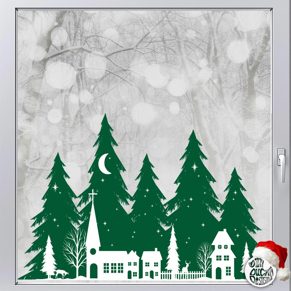 Decal Christmas Trees & Village Window Decal - Green Dizzy Duck Designs