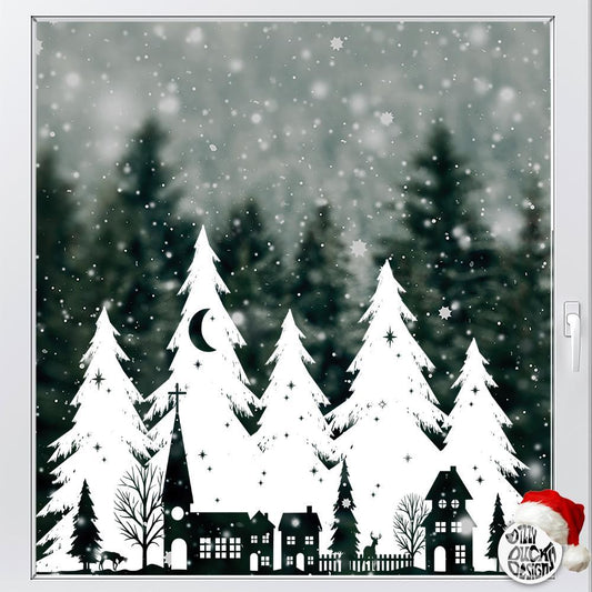 Decal Christmas Trees & Village Window Decal - White Dizzy Duck Designs
