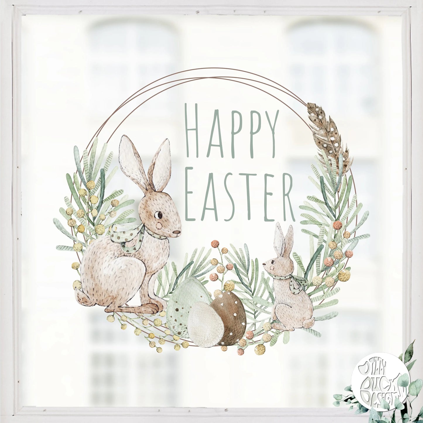 Decal Happy Easter Spring Watercolour Wreath Window Decal Dizzy Duck Designs