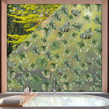 Privacy Window Monstera Leaf Tropical Privacy Frosted Window Panel Dizzy Duck Designs