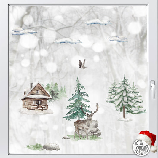 Decal Winter Forest Cabin & Deer Scene Window Decal Set Dizzy Duck Designs