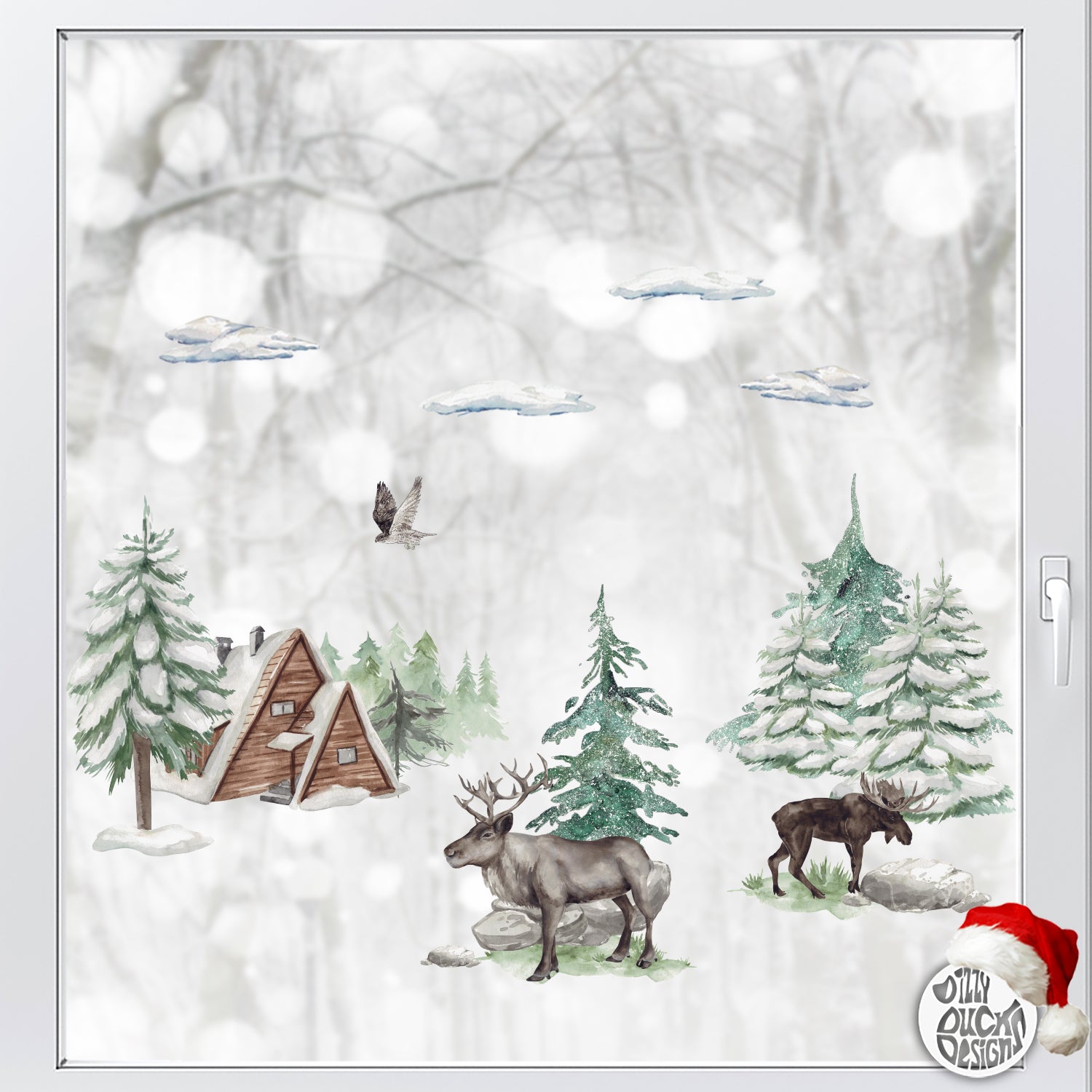 Decal Winter Forest Cabin & Moose Scene Window Decal Set Dizzy Duck Designs