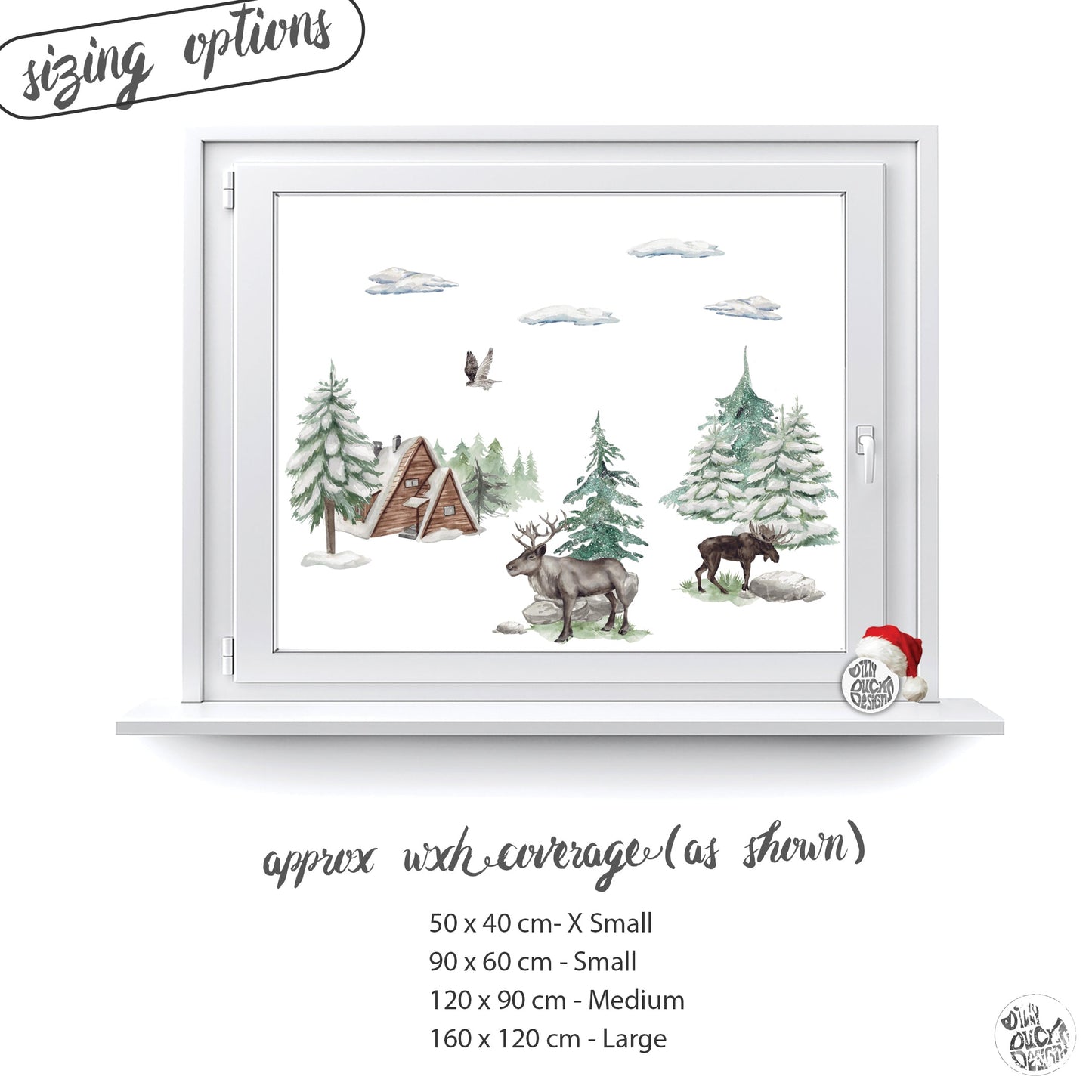 Decal Winter Forest Cabin & Moose Scene Window Decal Set Dizzy Duck Designs
