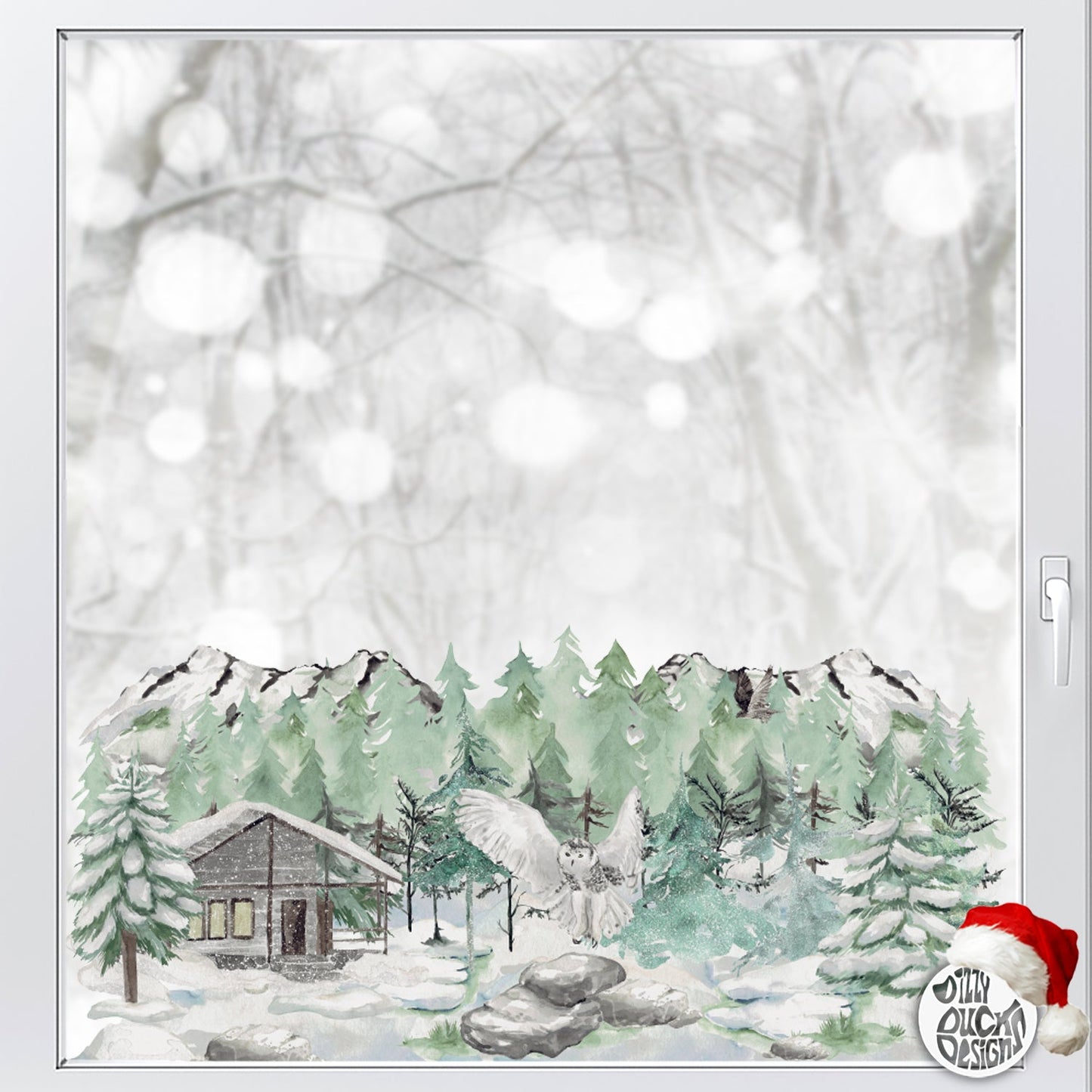 Decal Winter Forest Cabin & Owl Scene Window Decal Dizzy Duck Designs