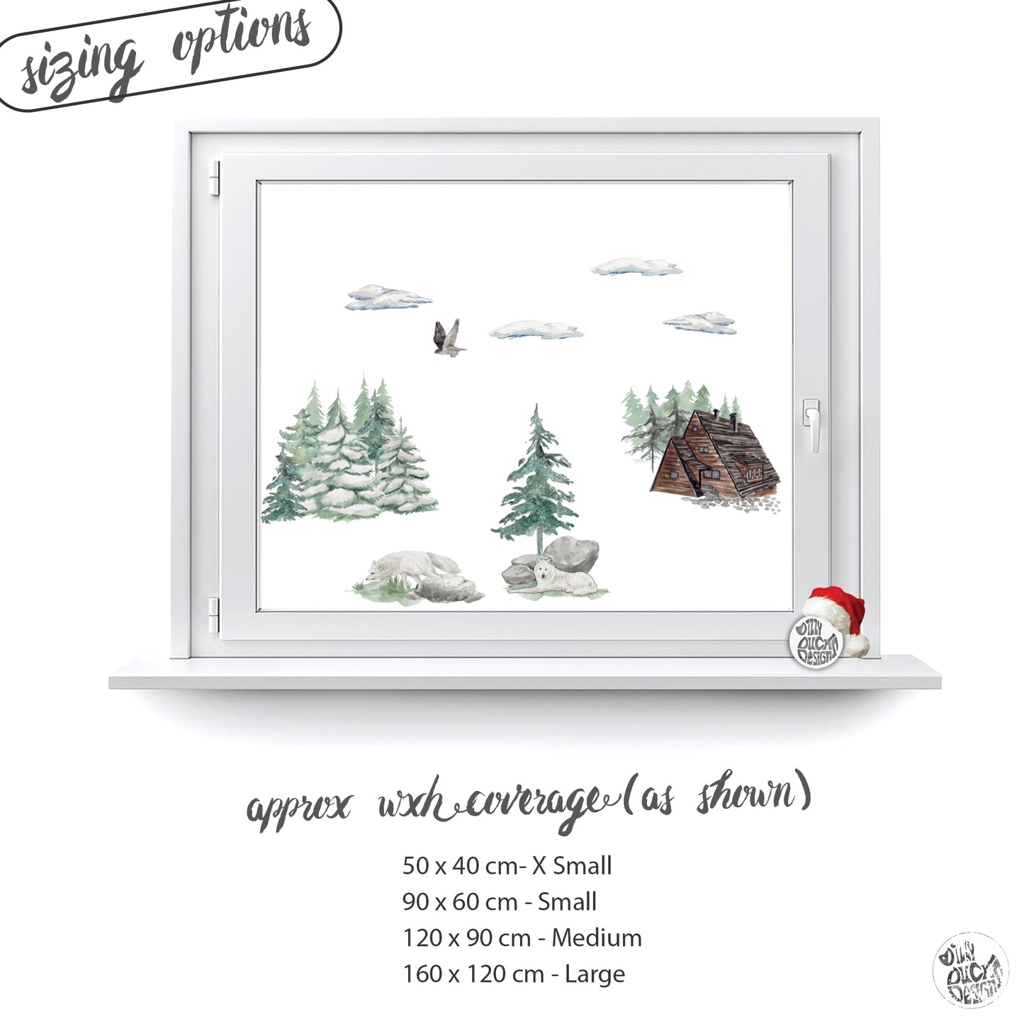 Decal Winter Forest Cabin & Wolf Scene Window Decal Set Dizzy Duck Designs